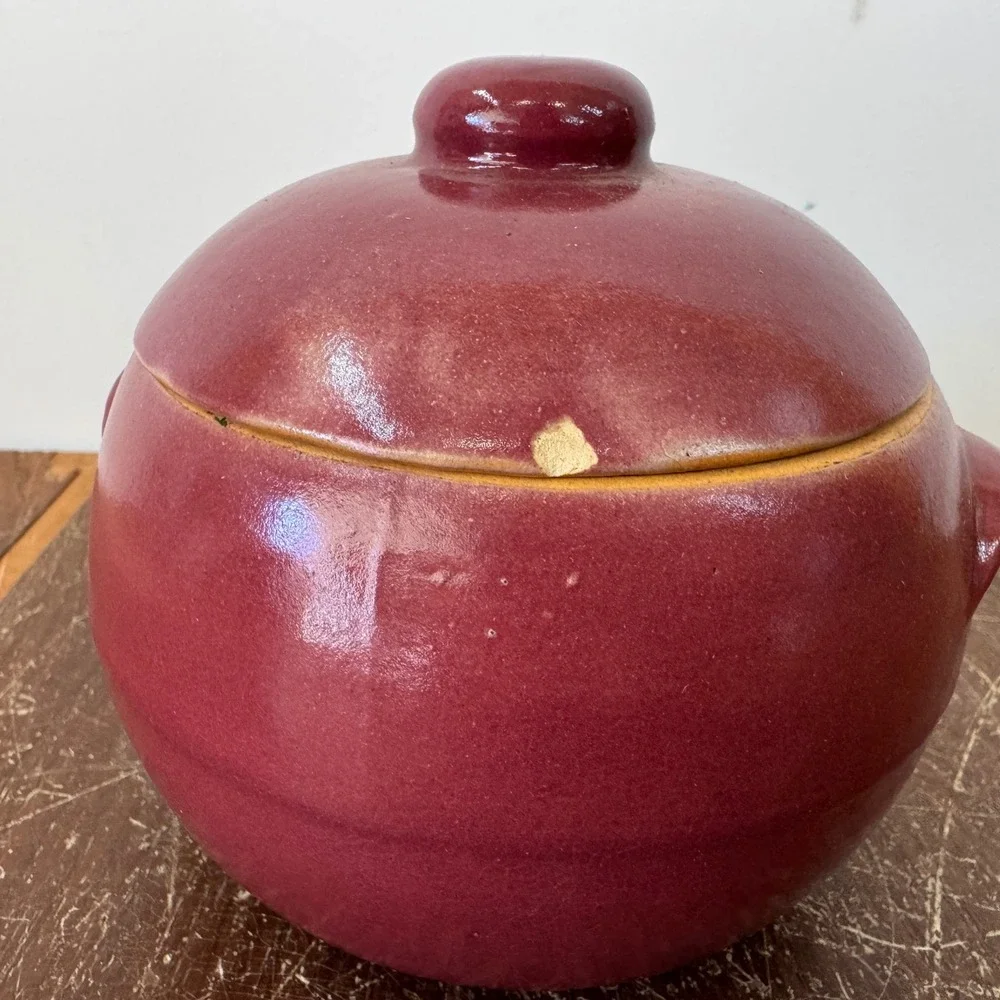 Uhl Pottery Co. Crock Stoneware Grease Drip‎ Burgundy Glaze Ceramic Lid Vintage